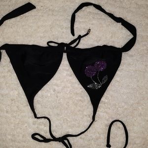 Black triangle bikini top with purple cherry
